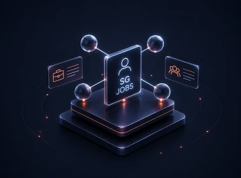Futuristische Darstellung eines 'SG JOBS'-Displays mit vernetzten Sphären und Job-Icons.