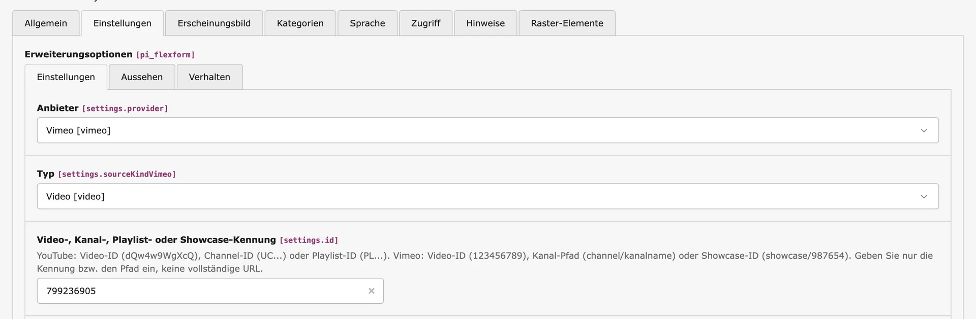 Vimeo ID eingeben