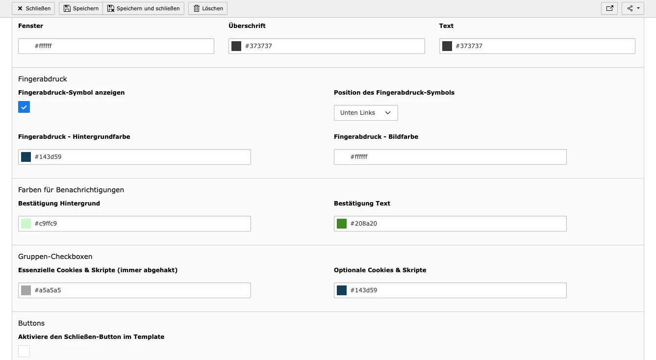 TYPO3 Cookie OptIn Beispiel Farbeinstellungen