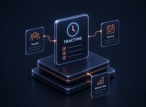 Zentrales TRACTIME-Dashboard mit Verbindungen zu Teams, Zeiten und Reporting auf futuristischer Plattform.