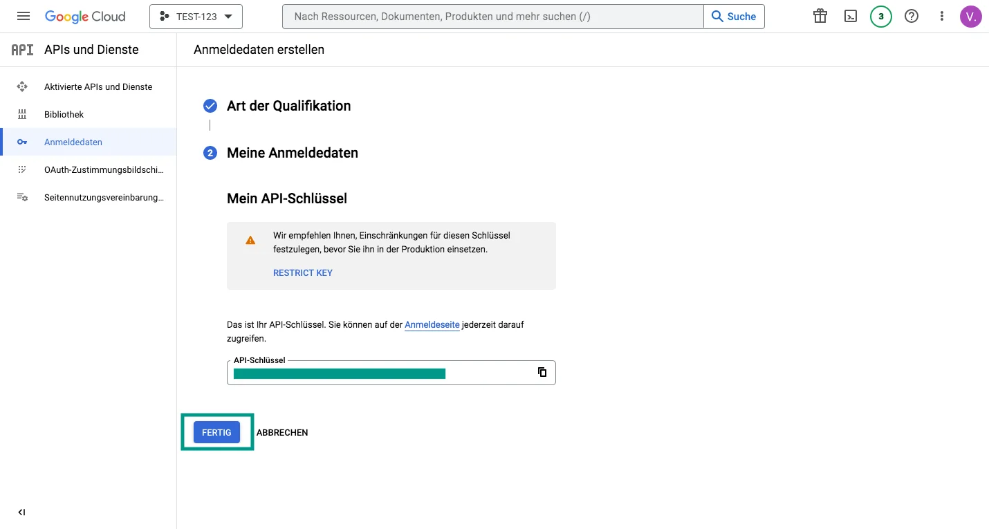 Google Cloud Console – API-Schlüssel