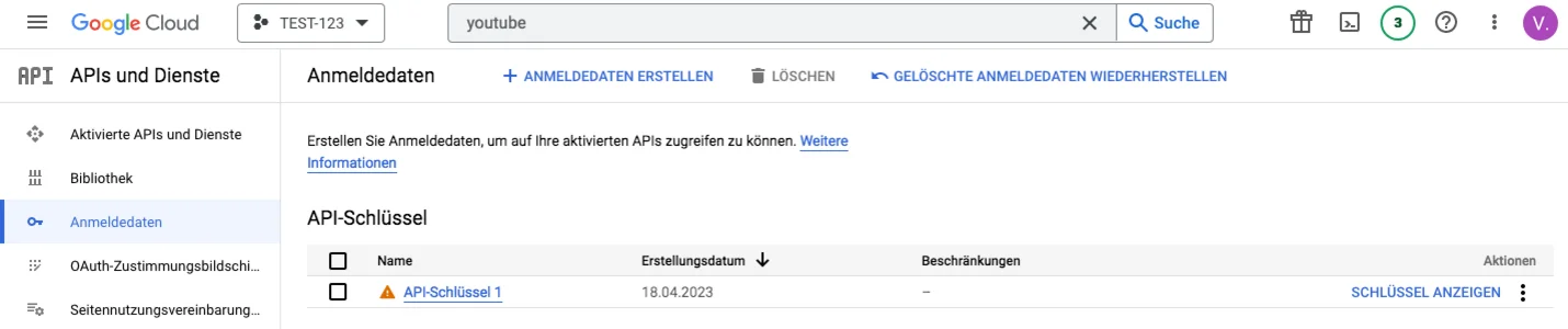 Google Cloud Console – Anmeldedaten und API-Schlüssel
