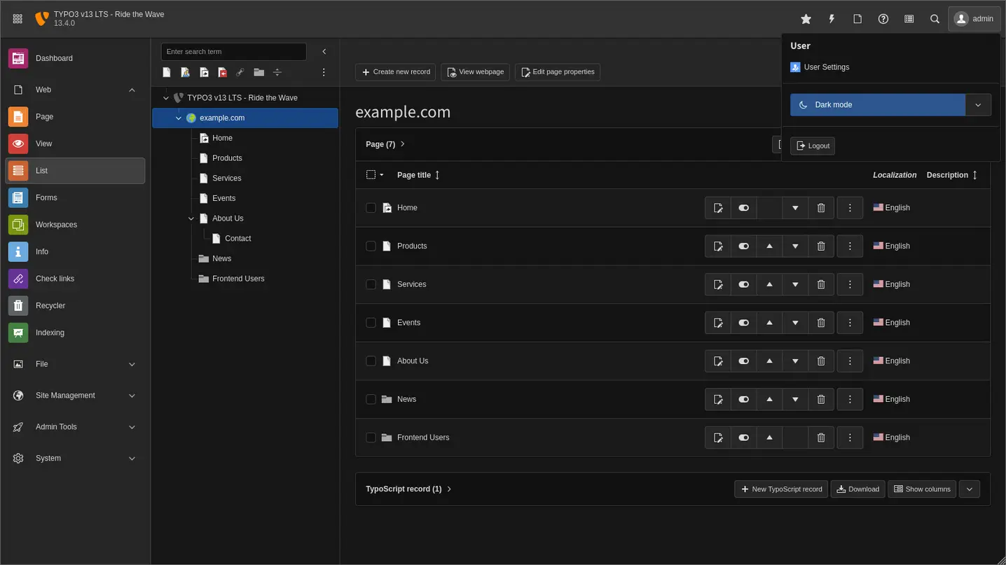 TYPO3 Backend im Dark Mode