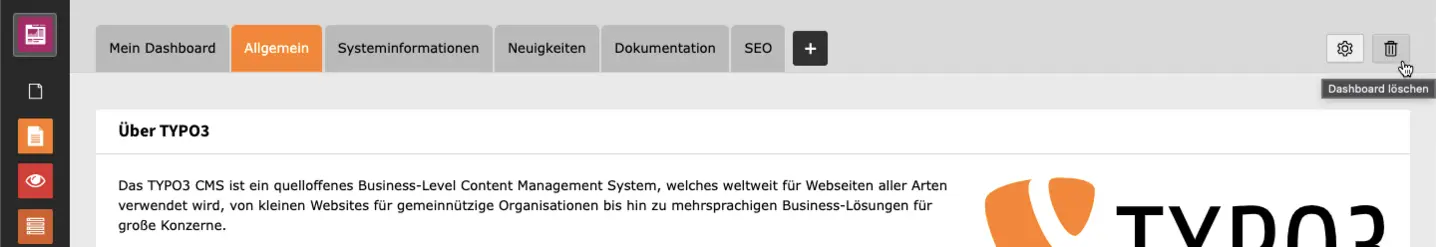 TYPO3 Backend Module Delete dashboard