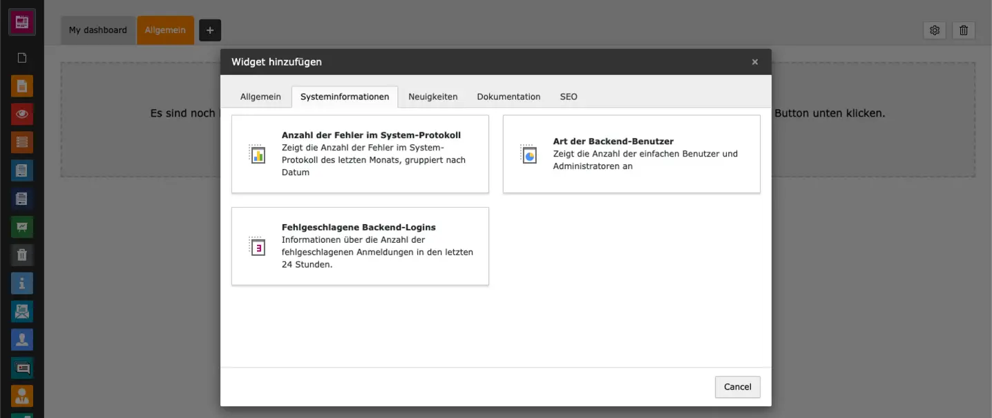 TYPO3 Backend Module Dashboard Widget tab System Information