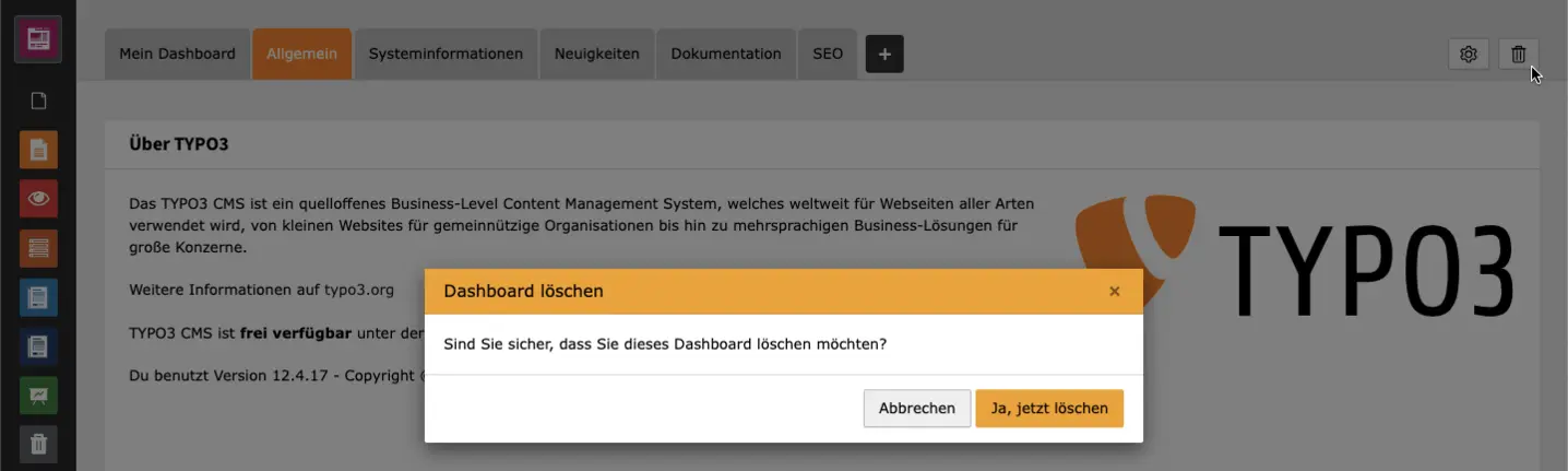 TYPO3 Backend Modul Dashboard löschen bestätigen