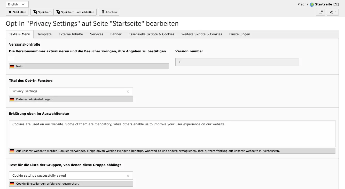 TYPO3 Cookie OptIn Example Settings for English Translation