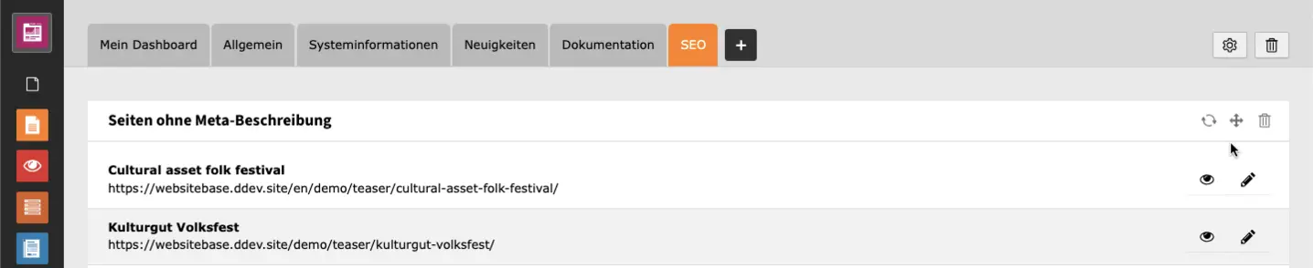 TYPO3 Backend Modul Dashboard Widget Optionen