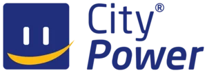 City Power Logo: blaues Quadrat mit Smiley und Text "City Power"