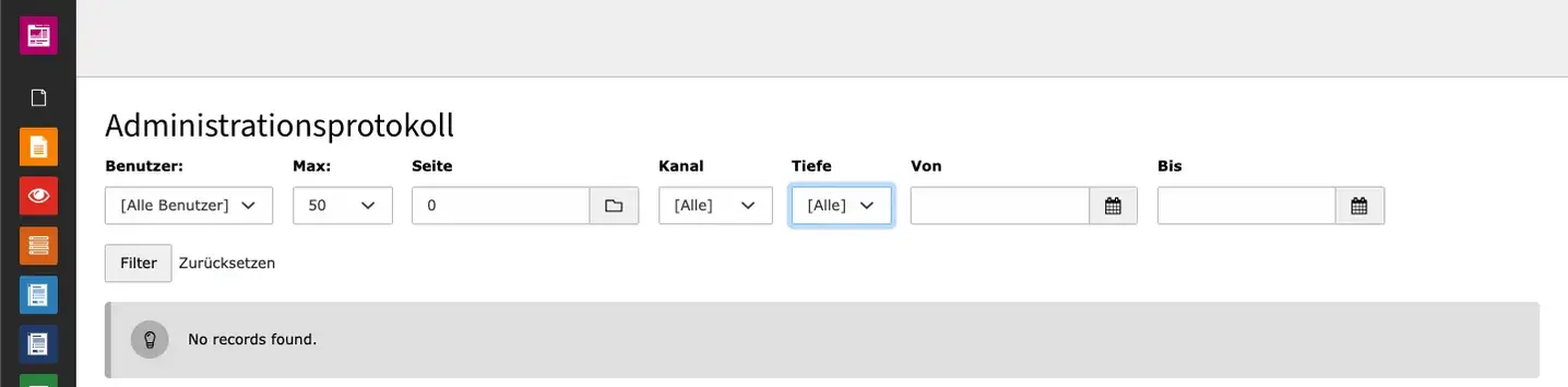 TYPO3 Backend Module Dashboard Administration log with system errors