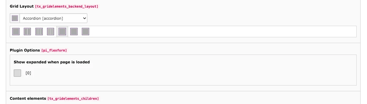 TYPO3 Content Element Grid Element Accordion Backend Tab General Grid Layout Plugin Options