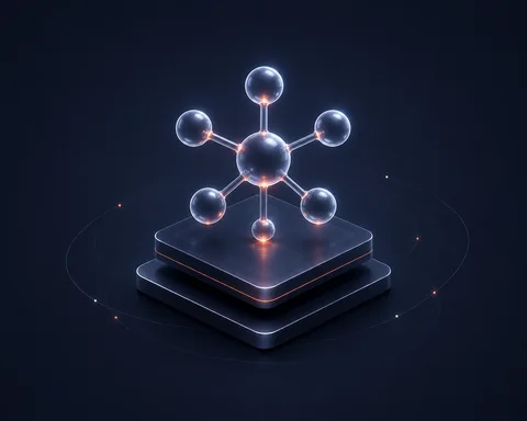 Leuchtendes Molekülmodell mit sechs Kugeln auf dunkler Plattform mit Lichteffekten.