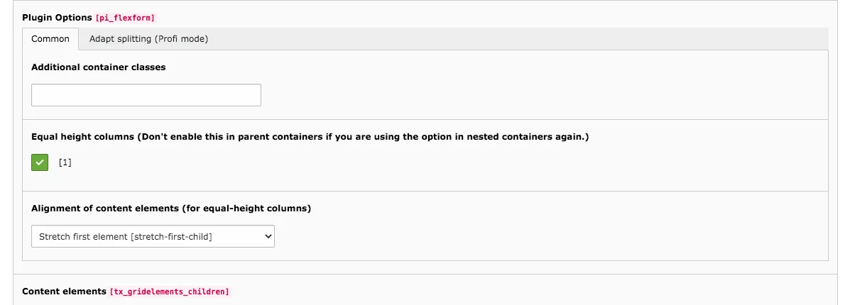 TYPO3 Content Element Grid Elements Four Columns Backend Tab General Distribution of Columns