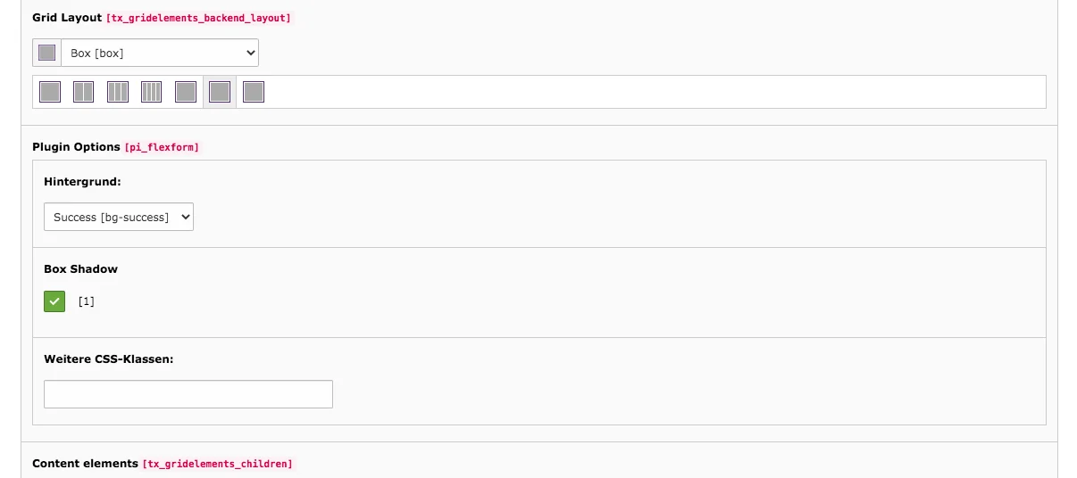 TYPO3 Content Element Grid Elements Box Backend Tab General Plugin Options Grid Layout