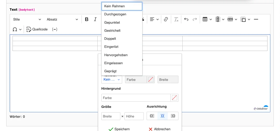 TYPO3 CKEditor Rich Text Editor Borders for tables and cells