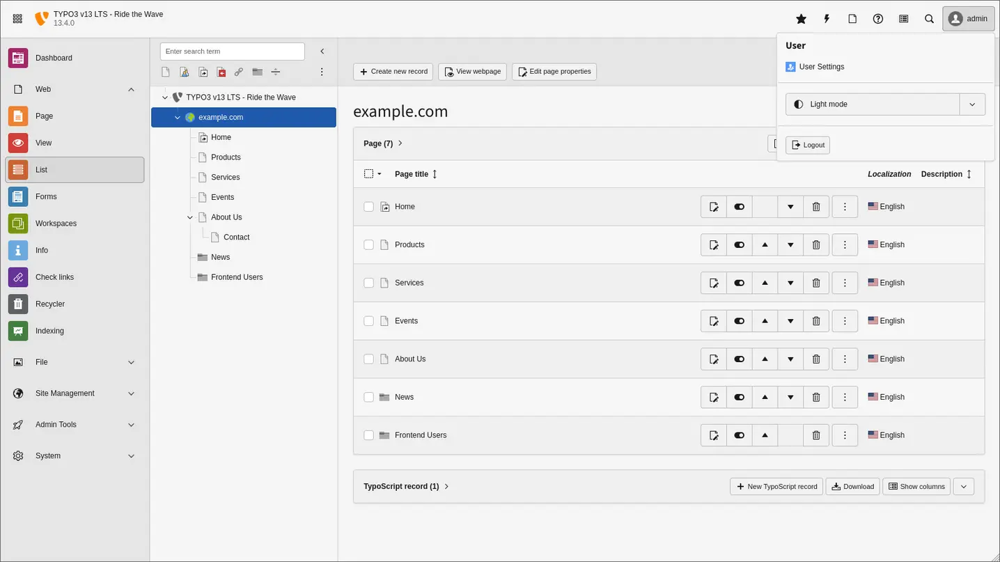 TYPO3 Backend im Light Mode