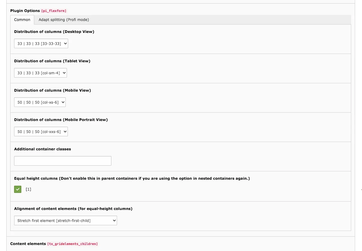TYPO3 Content Element Grid Elements Three Columns Backend Tab General Distribution of Columns