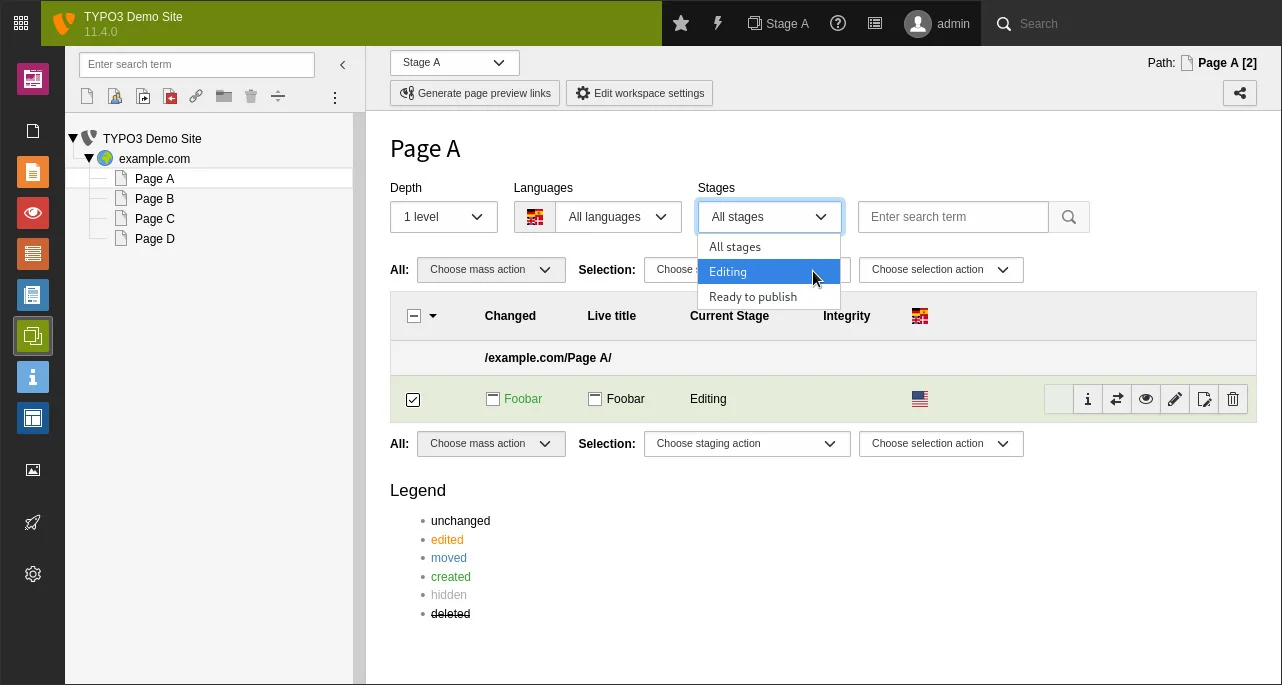 TYPO3 v11 LTS filter function in workspaces