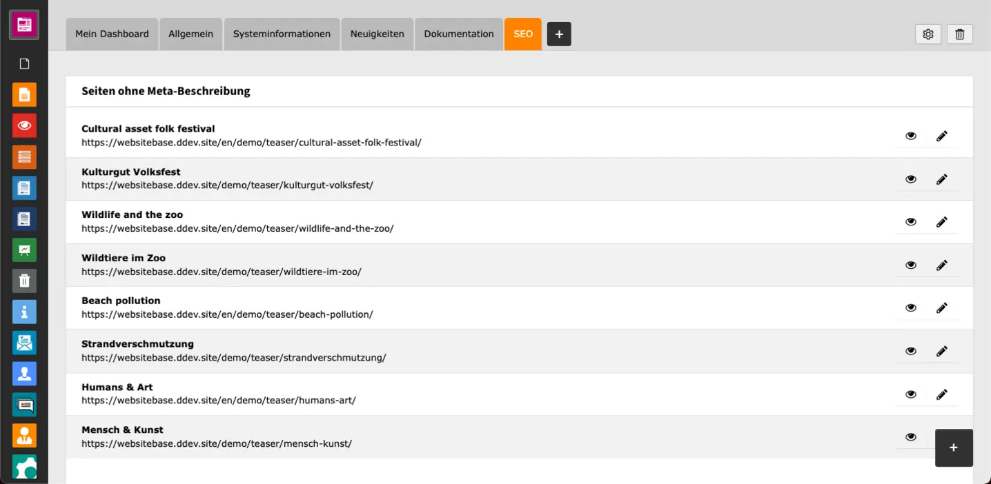 TYPO3 Backend Modul Dashboard SEO Widgets im Dashboard