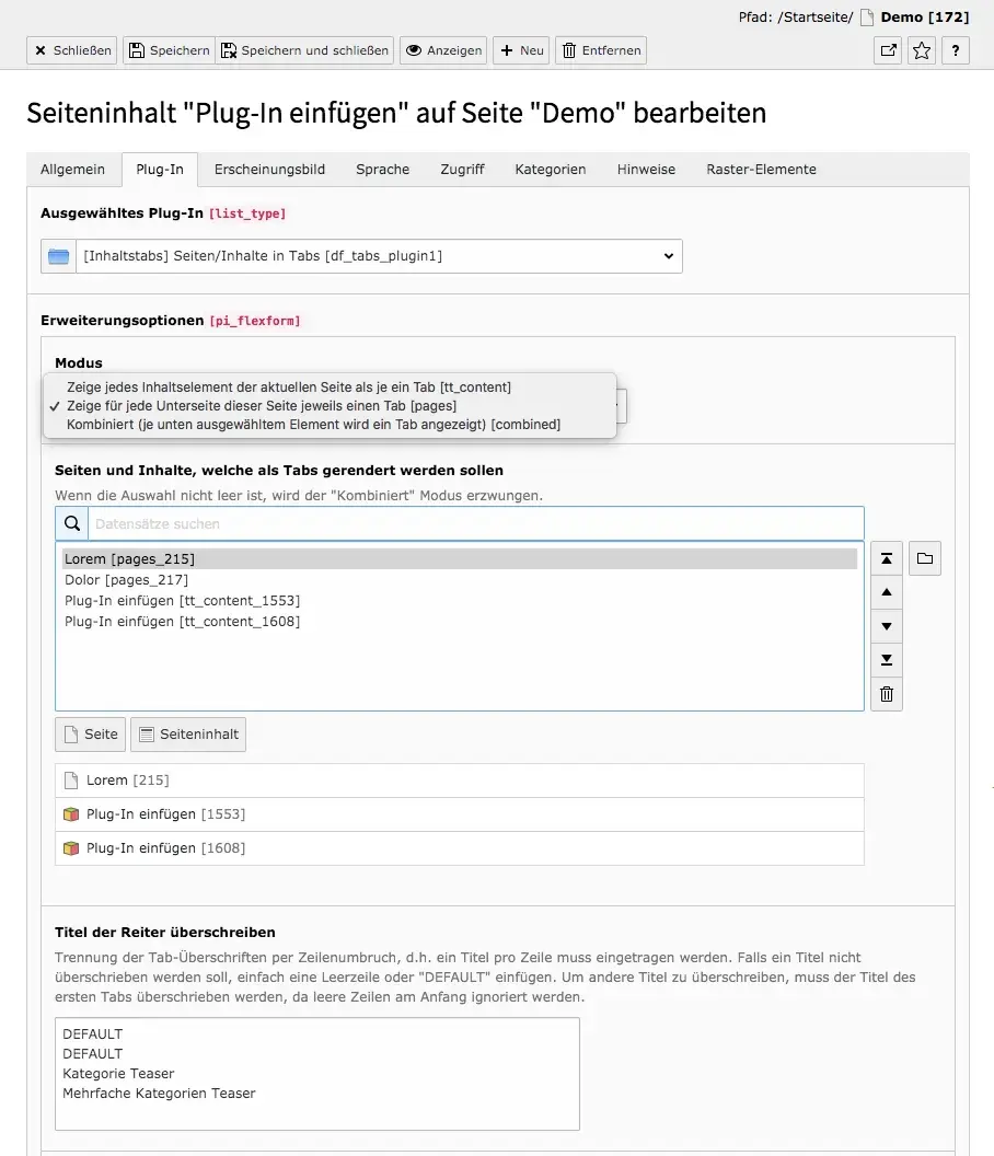 TYPO3 Inhaltselement Seiten/Inhalte in Tabs Reiter Plug-In