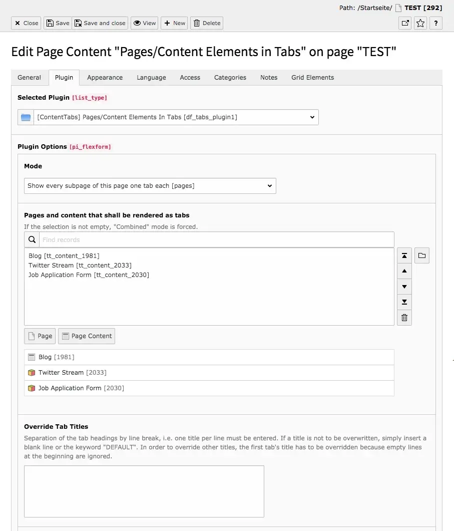 TYPO3 Content Element Plugins Pages/Content Elements in Tabs Backend Tab Plugin