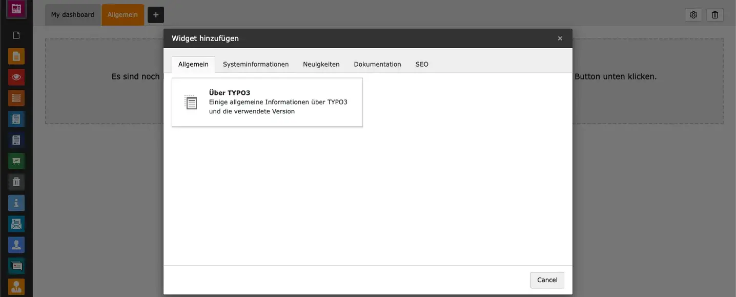 TYPO3 Backend Modul Dashboard Widgets Tab Allgemein