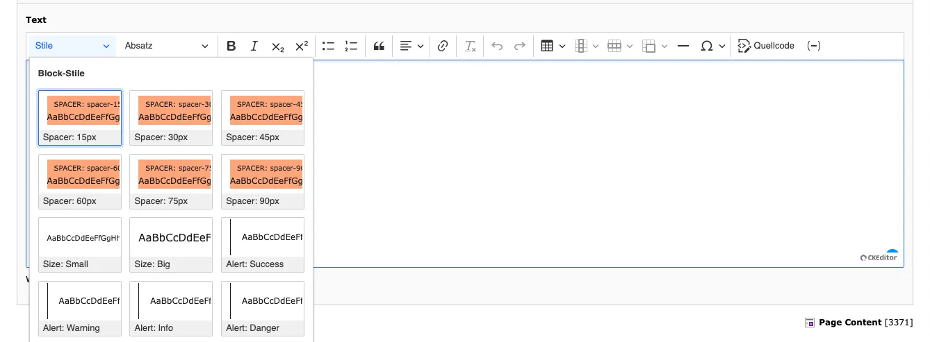 TYPO3 CKEditor Rich Text Editor Block styles backend