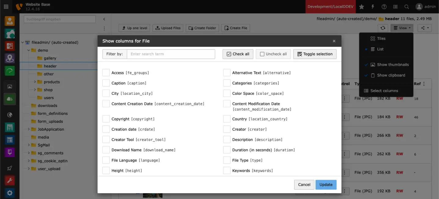 Column selection TYPO3 Filelist Select columns