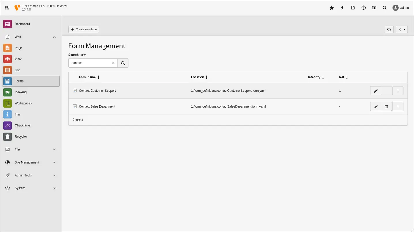 TYPO3 Formularsuche im Backend