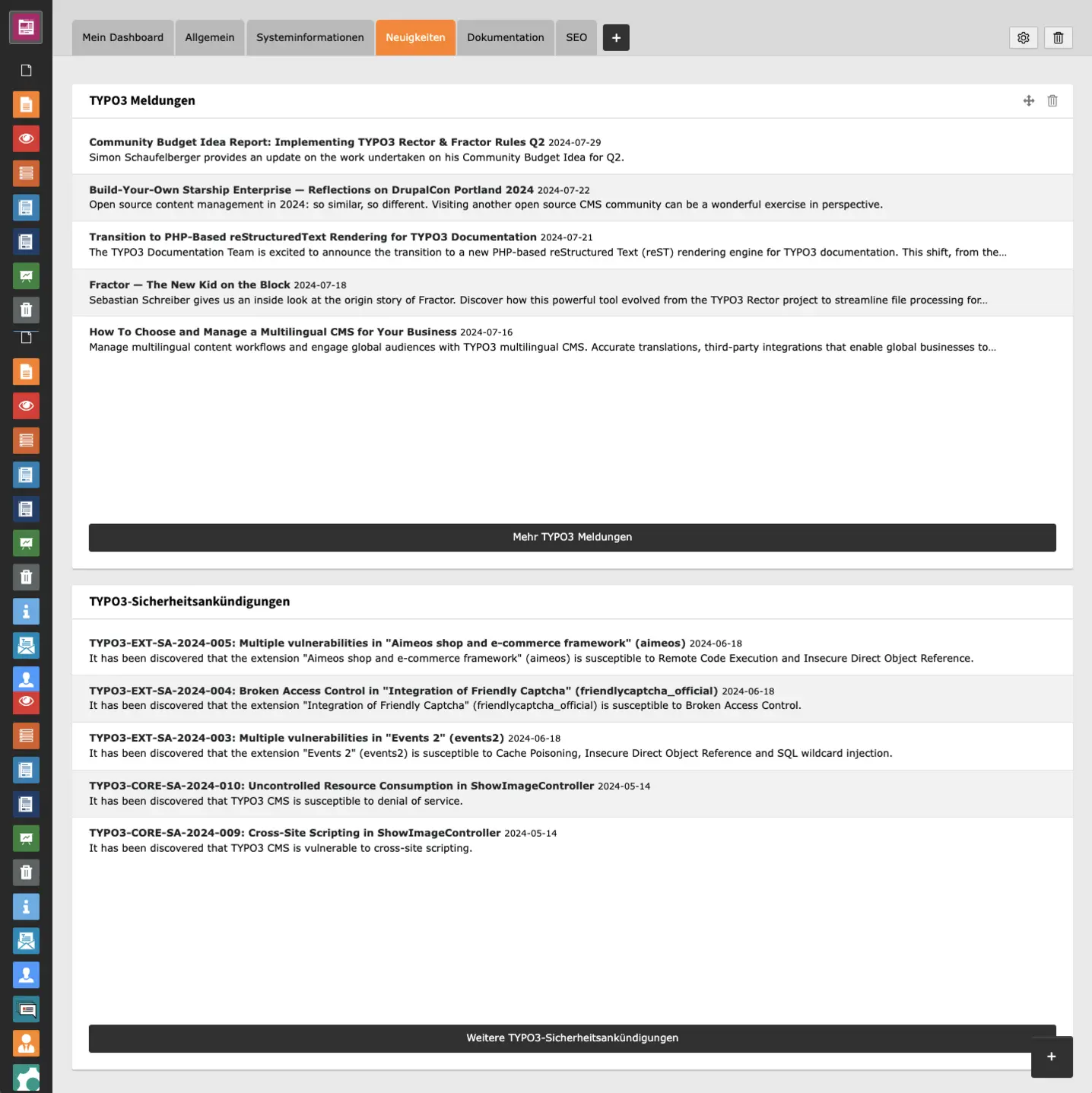 TYPO3 Backend Modul Dashboard Neuigkeiten-Widgets im Dashboard