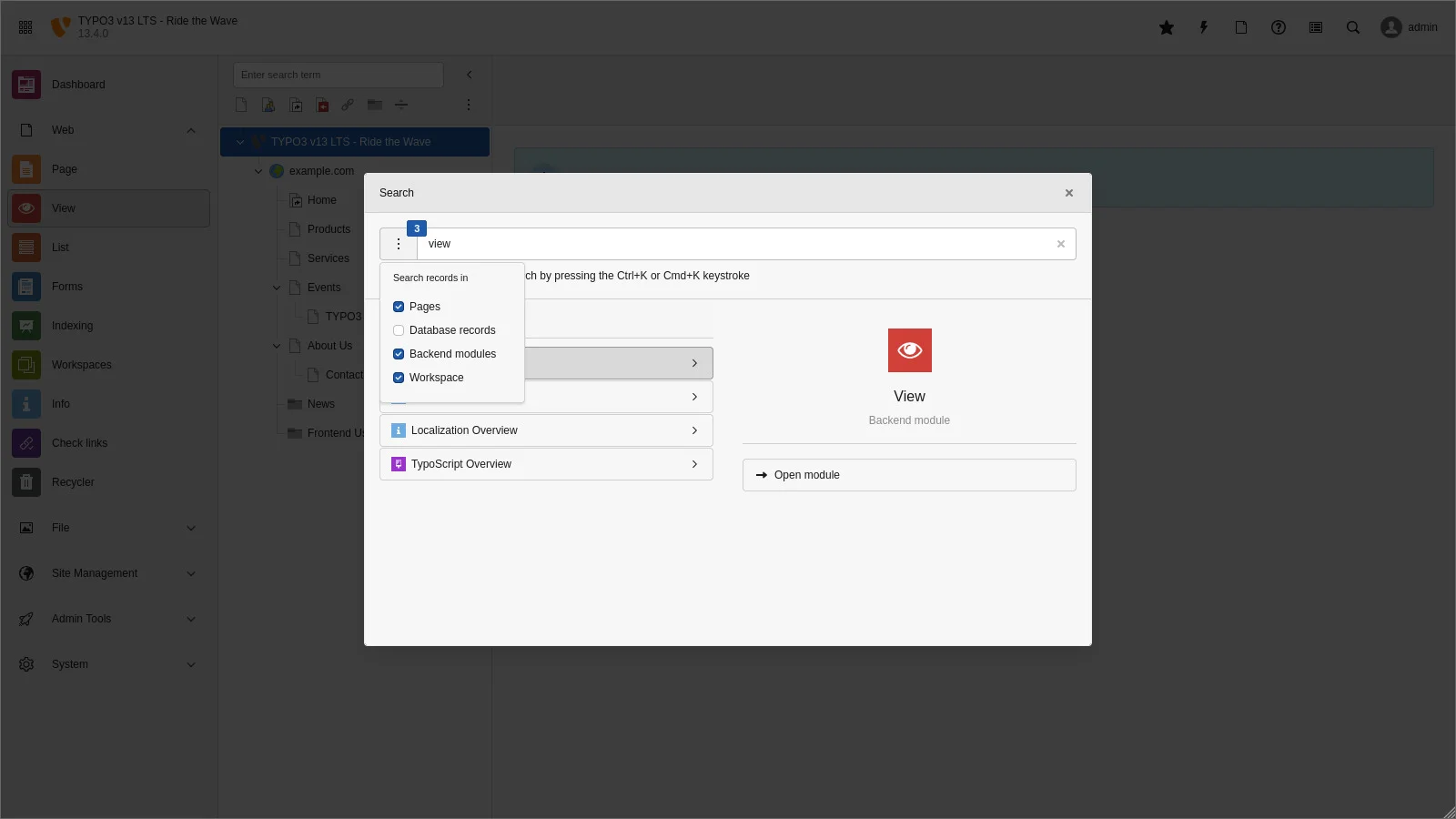 TYPO3 backend search