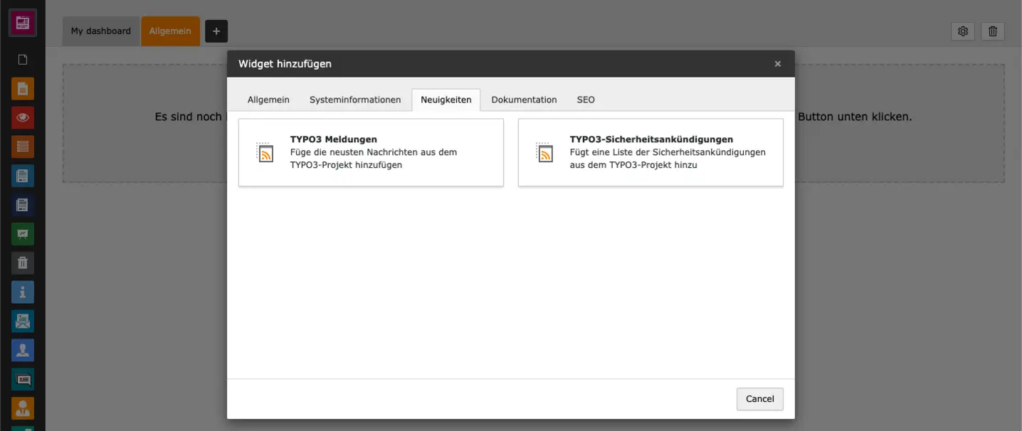 TYPO3 Backend Modul Dashboard Widget Tab Neuigkeiten