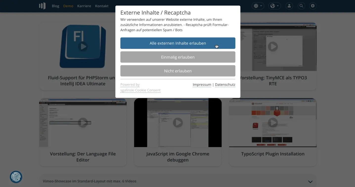TYPO3 Cookie Consent Frontend Alle externen Inhalte erlauben