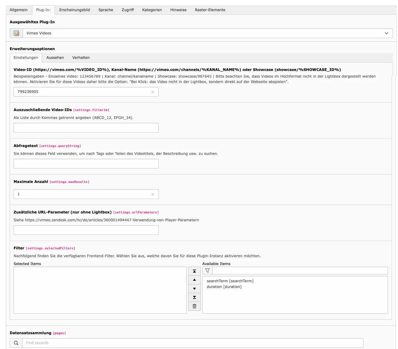TYPO3 Inhaltselement Vimeo Plug-In Backend Reiter Plug-In: Einstellungen