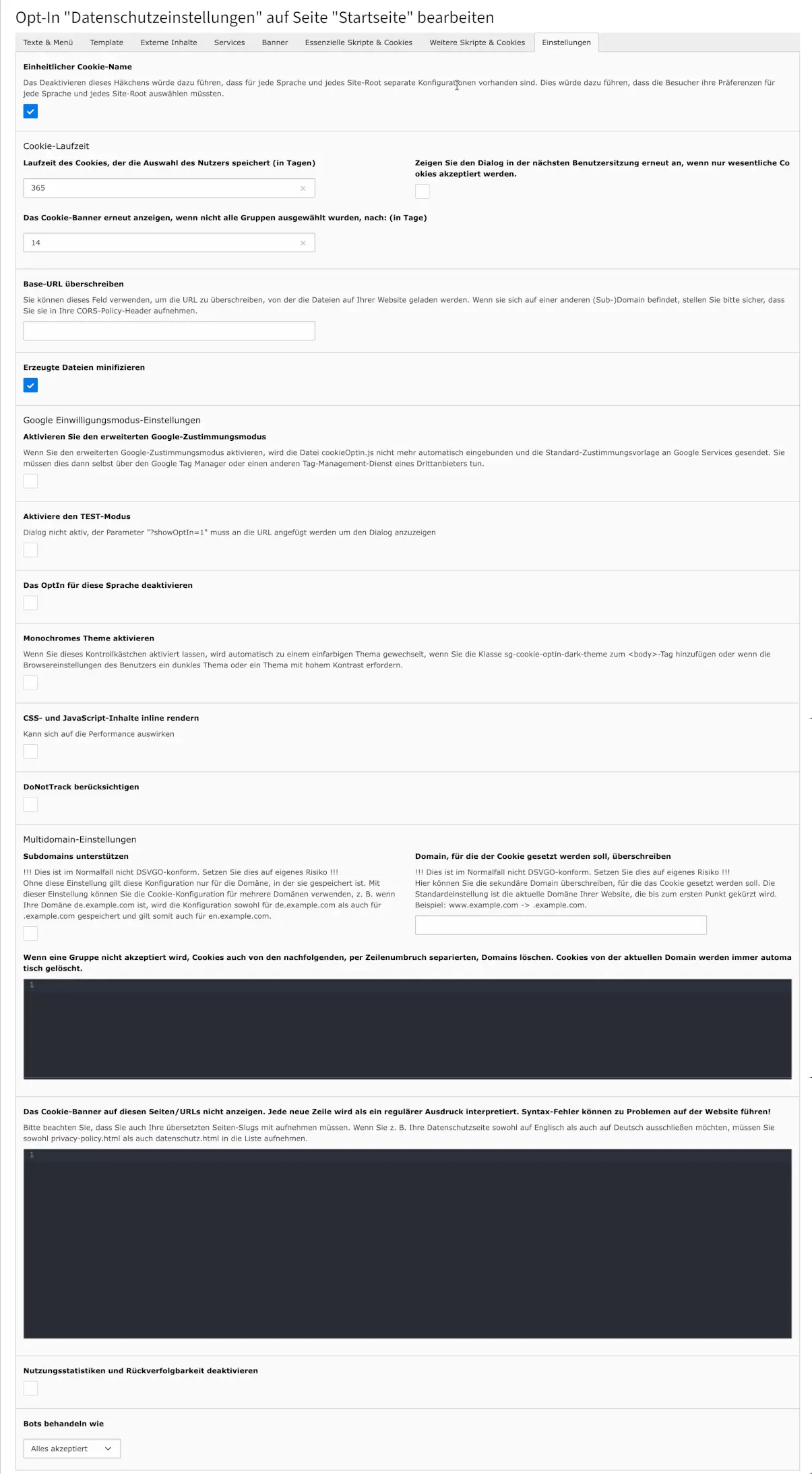 TYPO3 Cookie Opt-In Tab Einstellungen