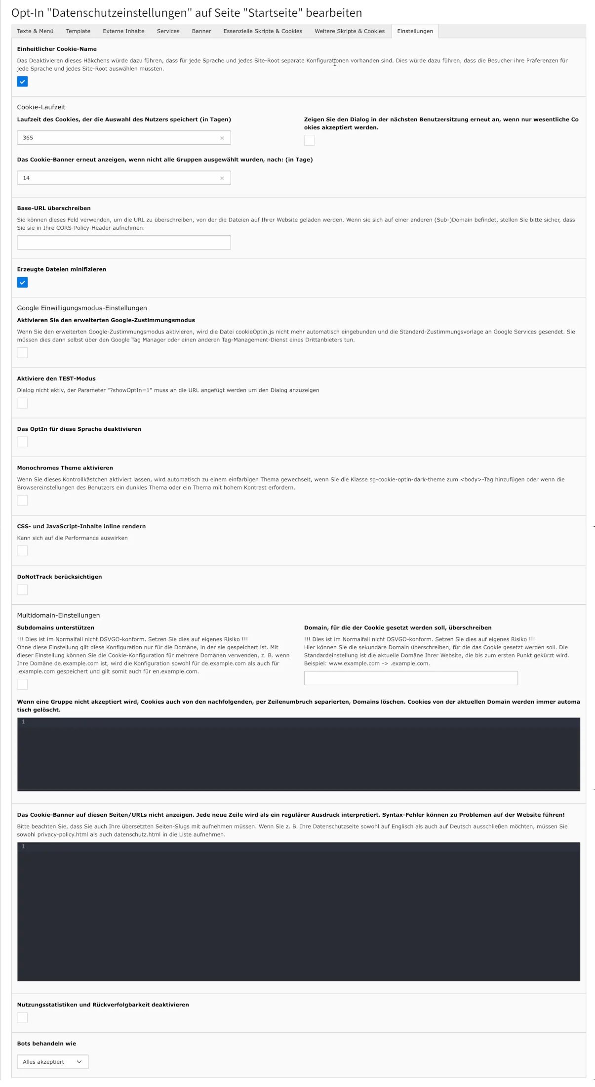 TYPO3 Cookie Opt-In Tab Settings