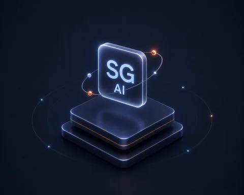 Leuchtendes 3D-SG-AI-Icon auf Plattformen mit orbitierenden Lichtern in Dunkelblau.