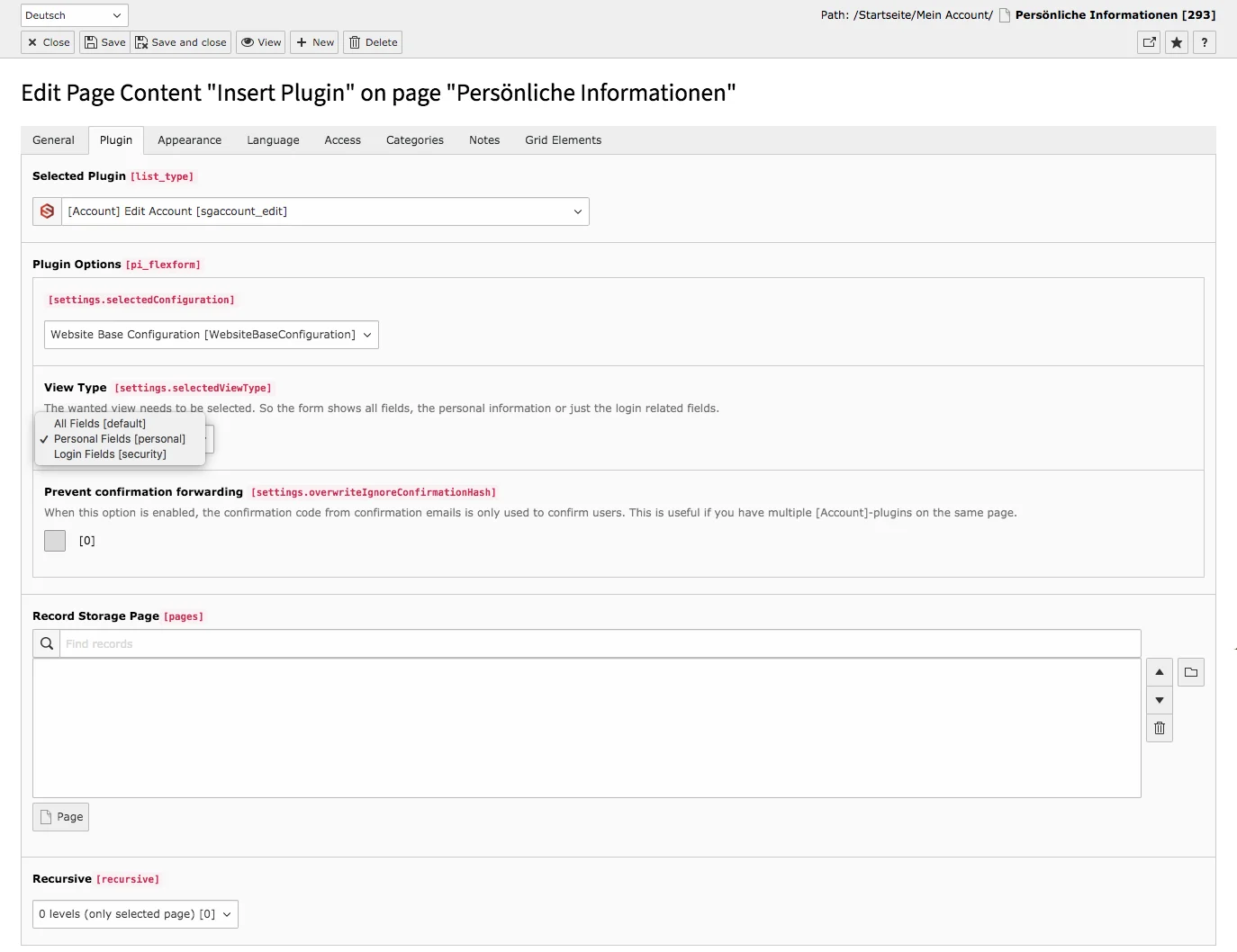 TYPO3 Content Element Edit Account Backend Tab Plugin