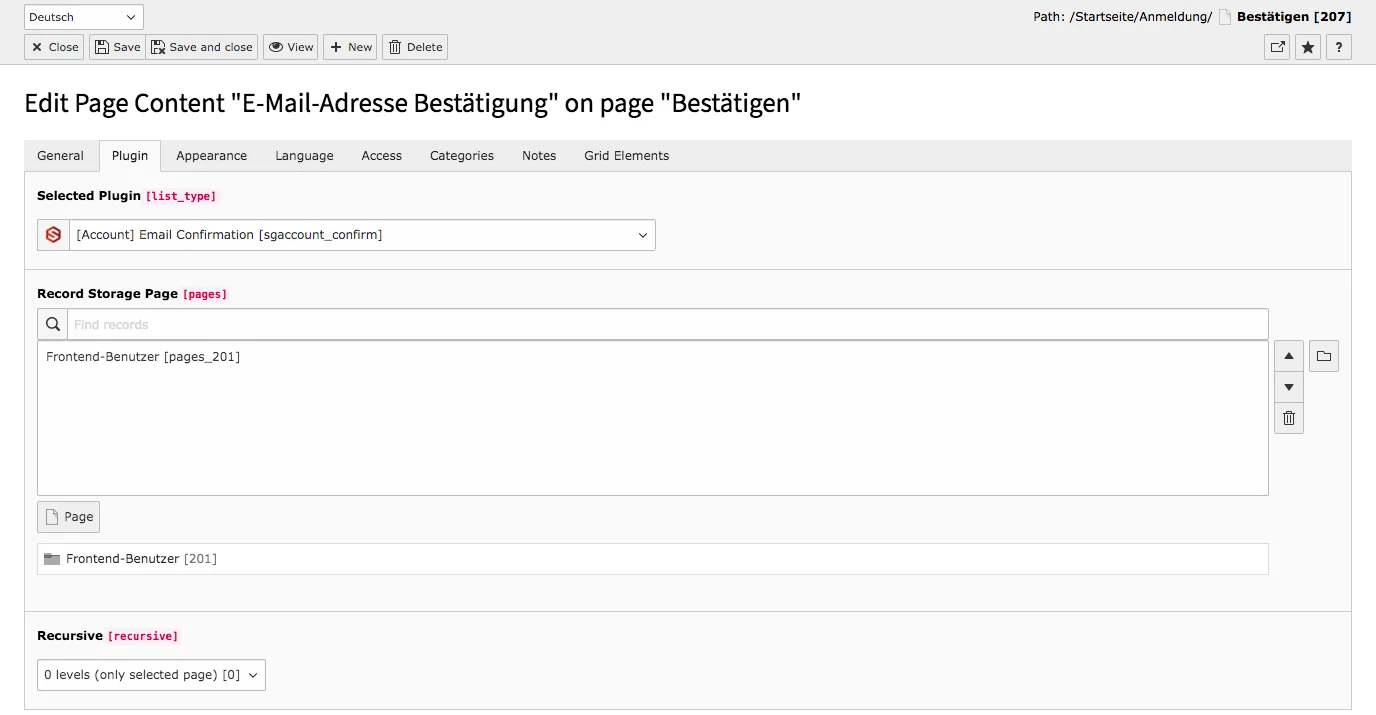 TYPO3 Account Content Element Email Confirmation Backend Tab Plugin