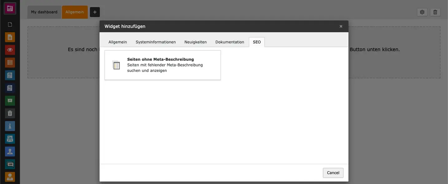 TYPO3 Backend Modul Dashboard Widget Tab SEO