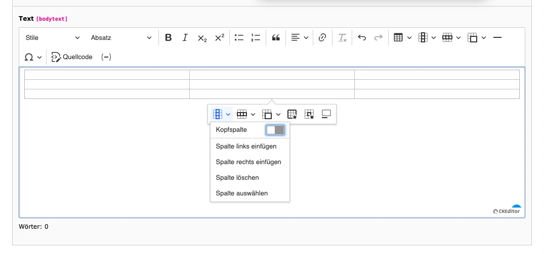 TYPO3 CKEditor Rich Text Editor Table Column options