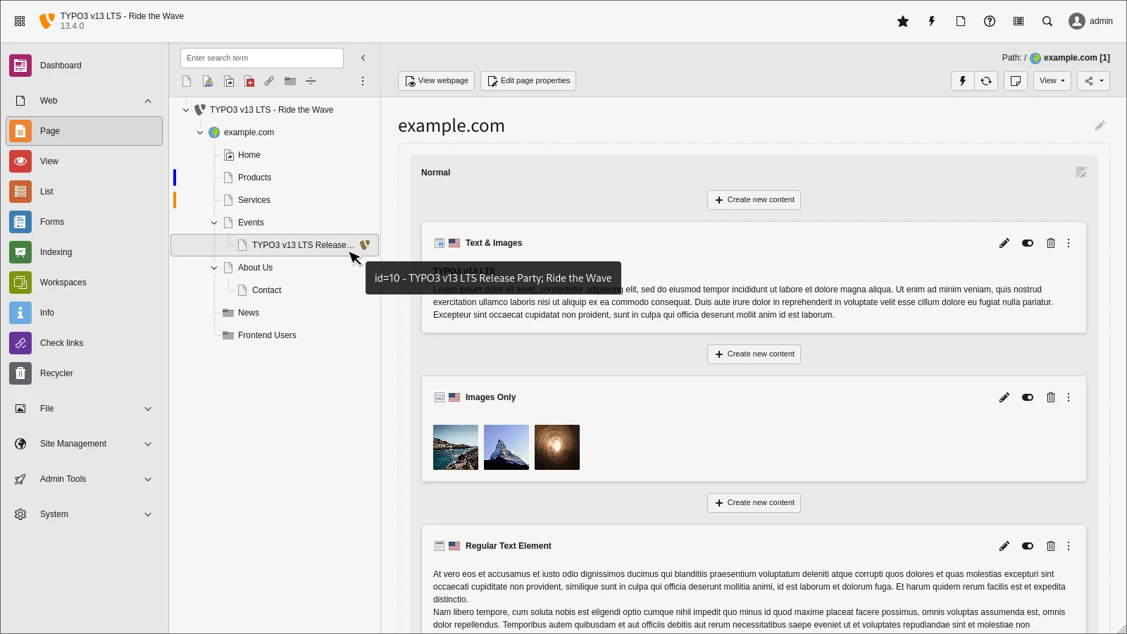 TYPO3 backend page tree with markers and status information