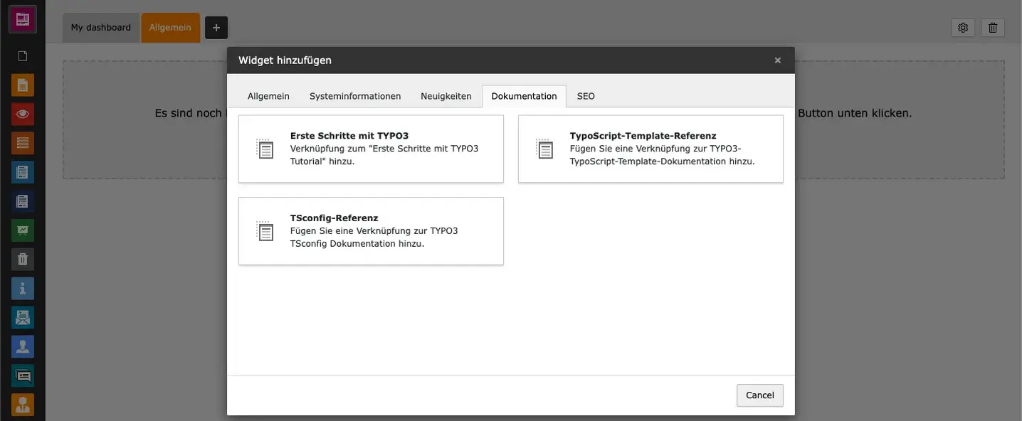 TYPO3 Backend Module Dashboard Widget tab Documentation