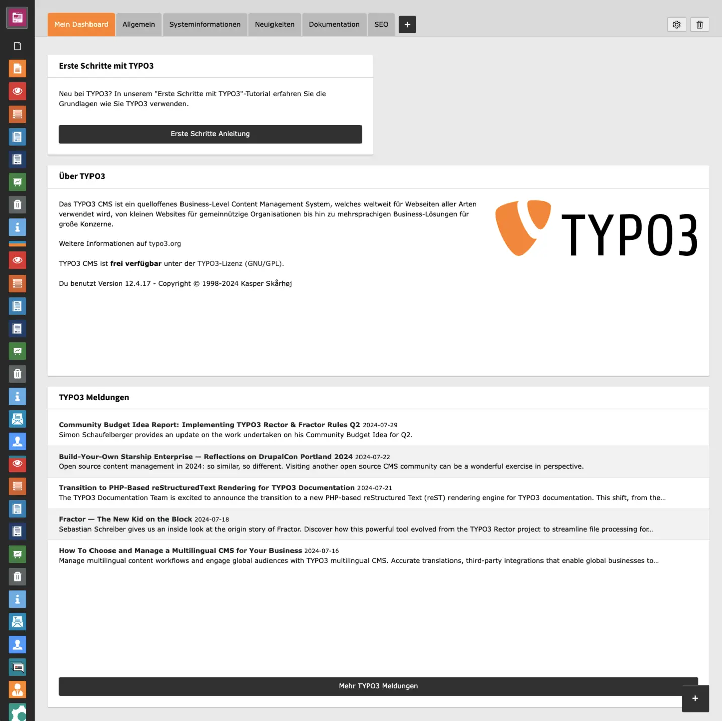 TYPO3 Backend Modul Dashboard Standard Dashboard