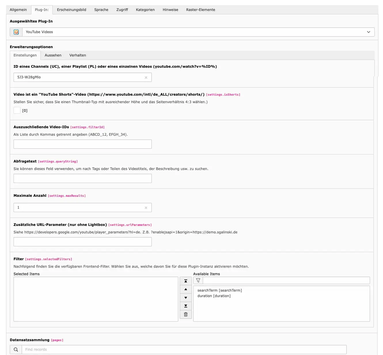 TYPO3 Inhaltselement YouTube Plug-In Backend Reiter Plug-In: Einstellungen